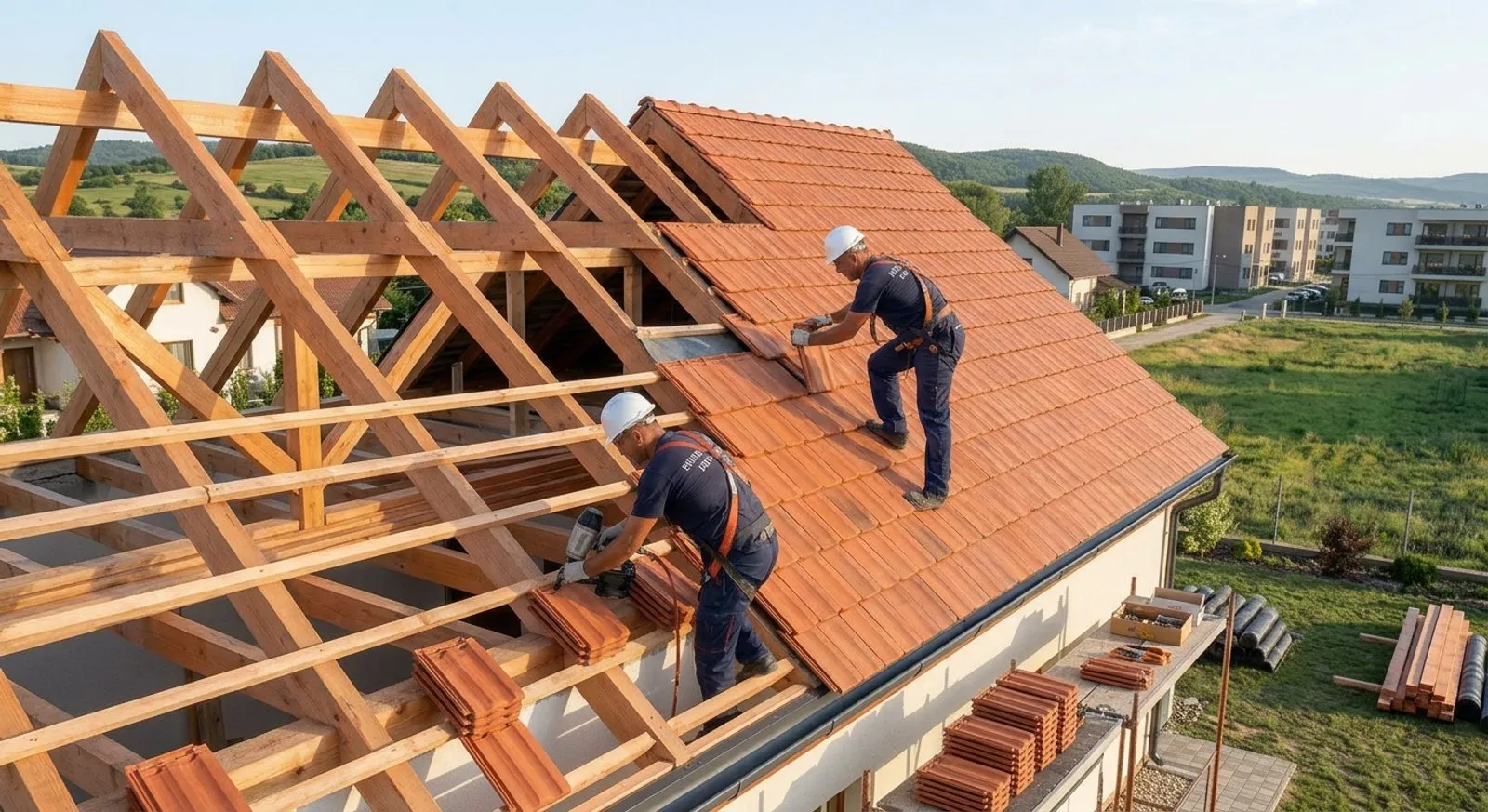 Echipa noastră montând țiglă metalică pe acoperișul unei case individuale